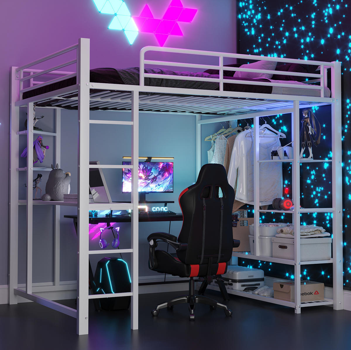 HOCHBETT 140/200 cm Weiß aus MDF und Metall mit Schreibtisch und Kleiderstange - Weiß, Metall (140/200cm) - OKMYHOME