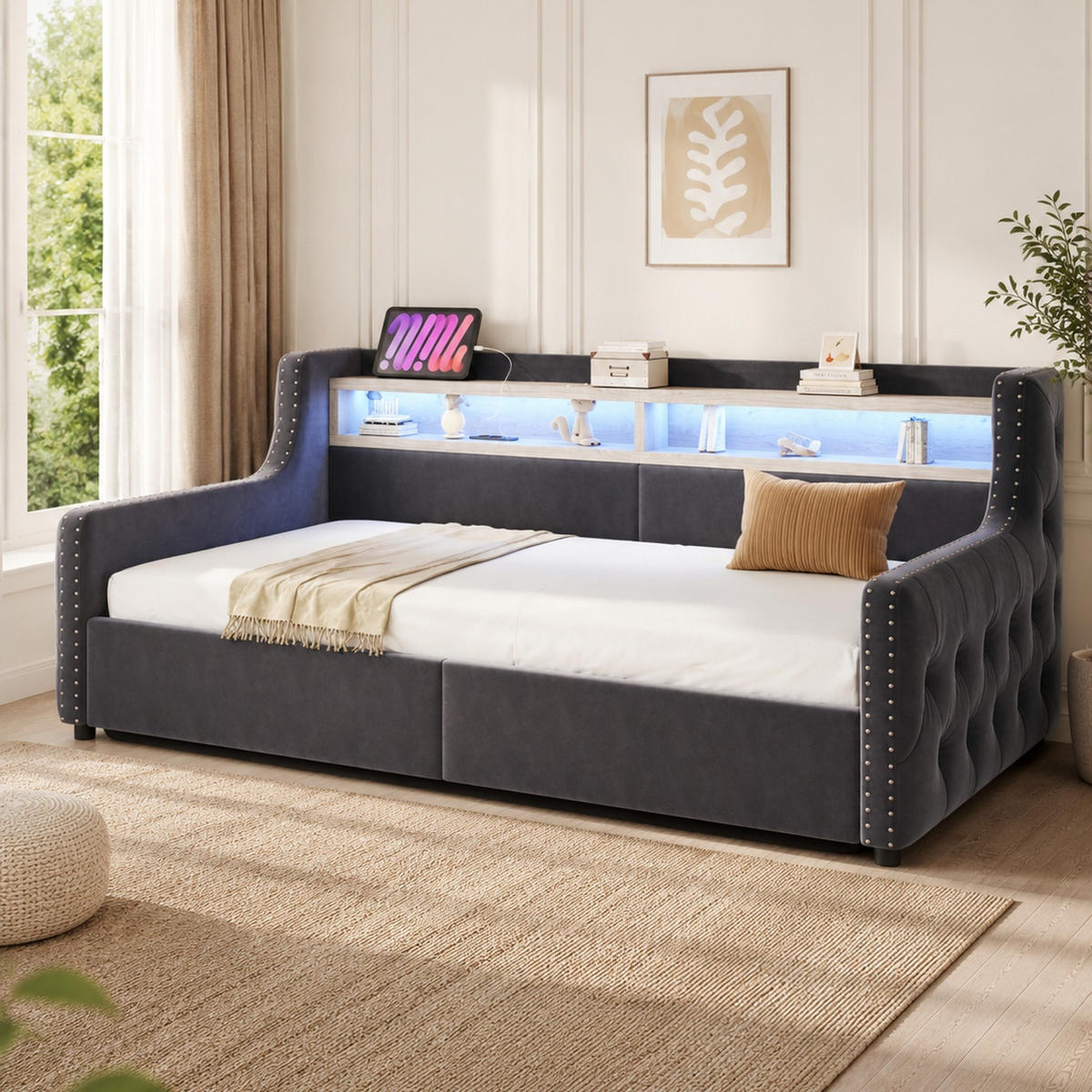 POLSTERBETT 90/200 mit Bettkasten, LED, USB, Type-C und Lattenrost in Dunkelgrau - Dunkelgrau, Holzwerkstoff/Textil (90/200cm) - EVRYAE