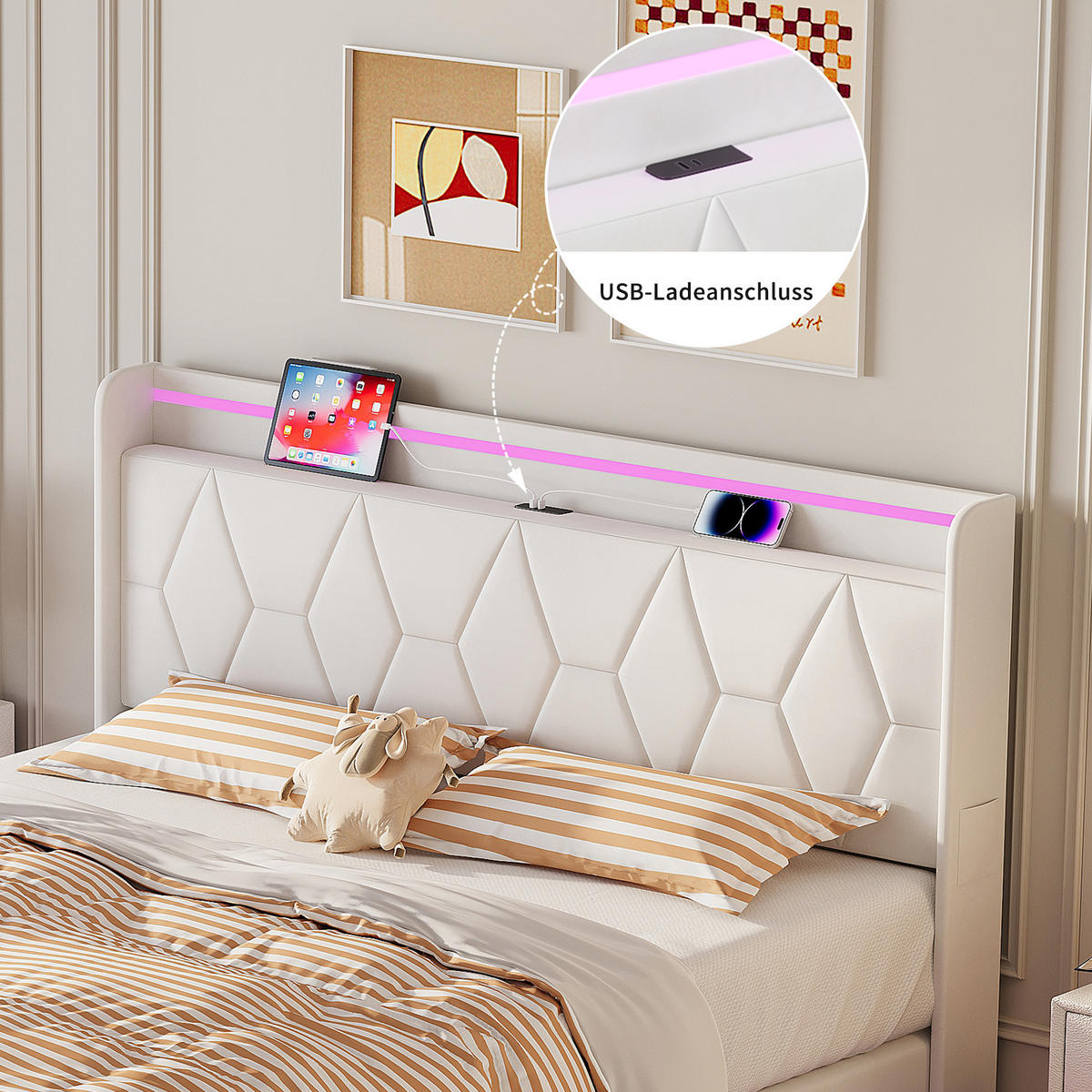 POLSTERBETT 160x200 cm, Doppelbett mit LED, Weiß Samt - Weiß, Metall (160/200cm)