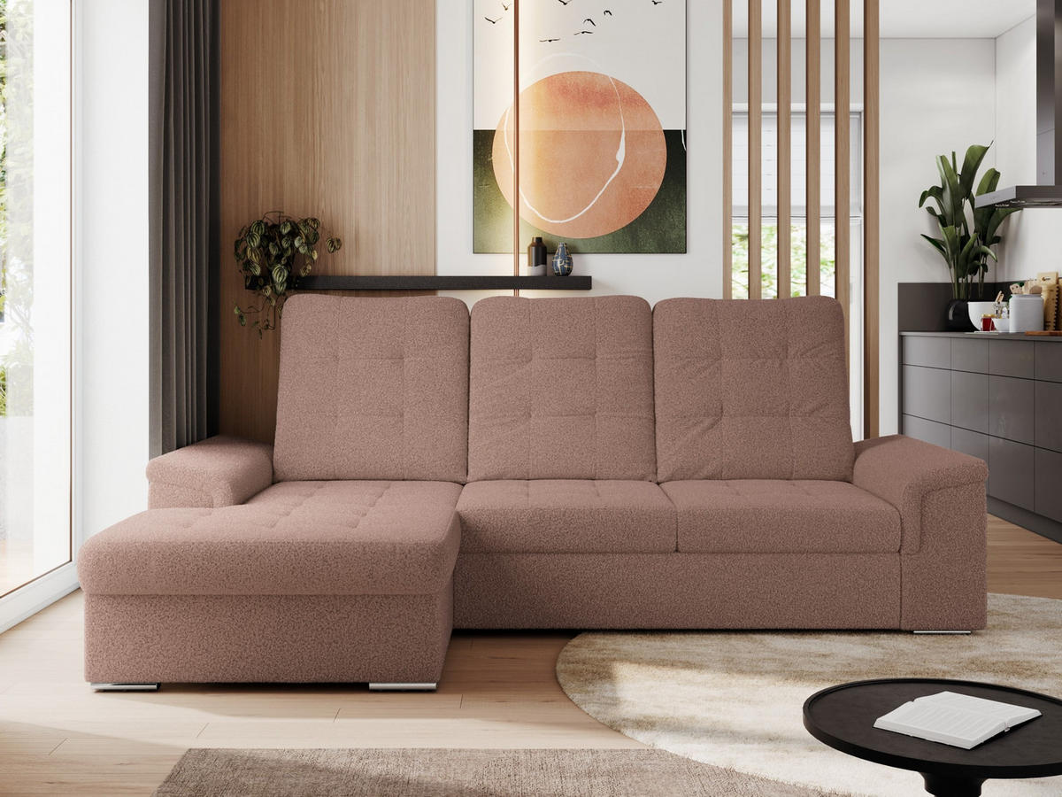 ECKSOFA MADRITO L - Rosa Boucle - Links - Silberfarben/Rosa, Textil/Metall (160/256cm)
