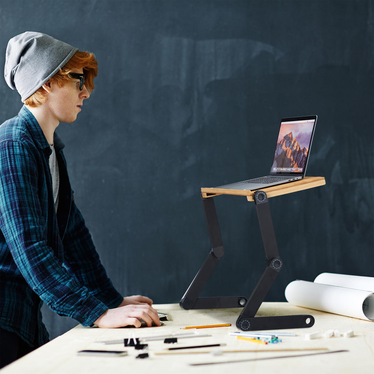 LAPTOPSTÄNDER Natur Schwarz Bambus Aluminium verstellbar - Multicolor, Holz/Kunststoff (26/60/47.5cm) - Relaxdays