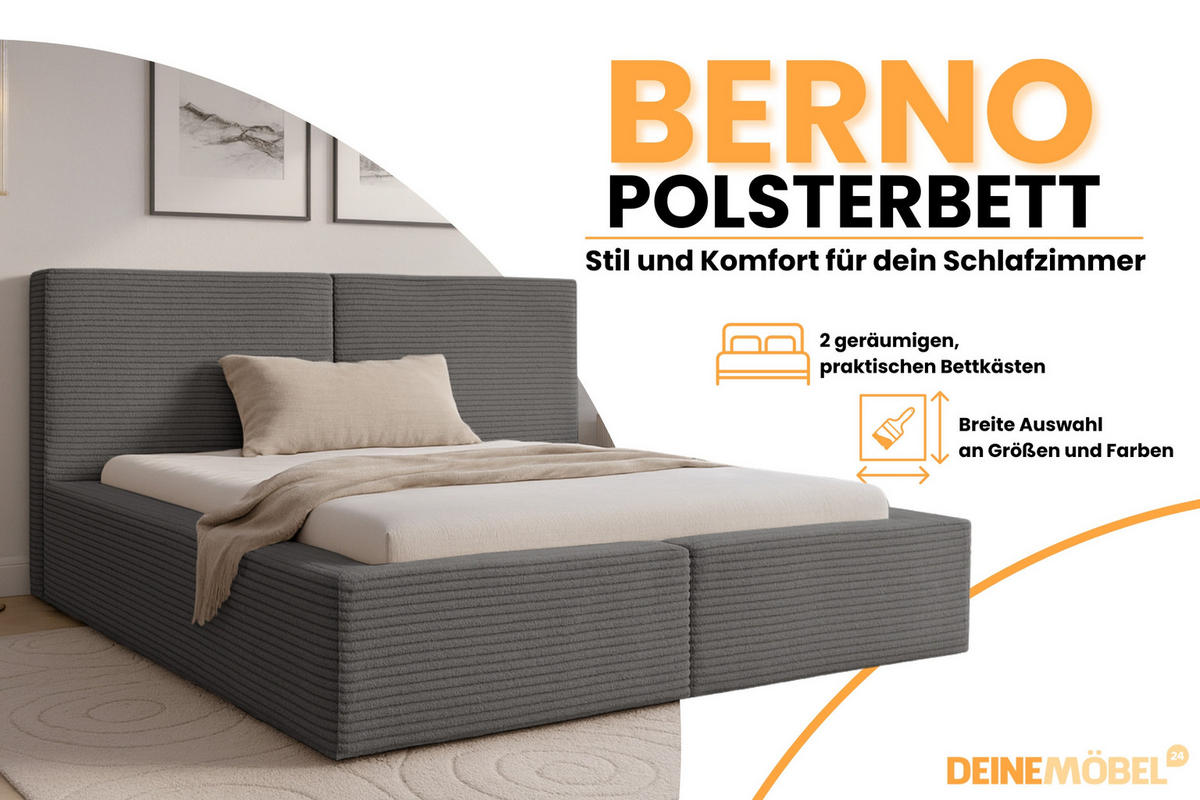POLSTERBETT BERNO 200/200 in Cord Anthrazit - Anthrazit, Holz/Holzwerkstoff (200/200cm) - Deine Möbel 24