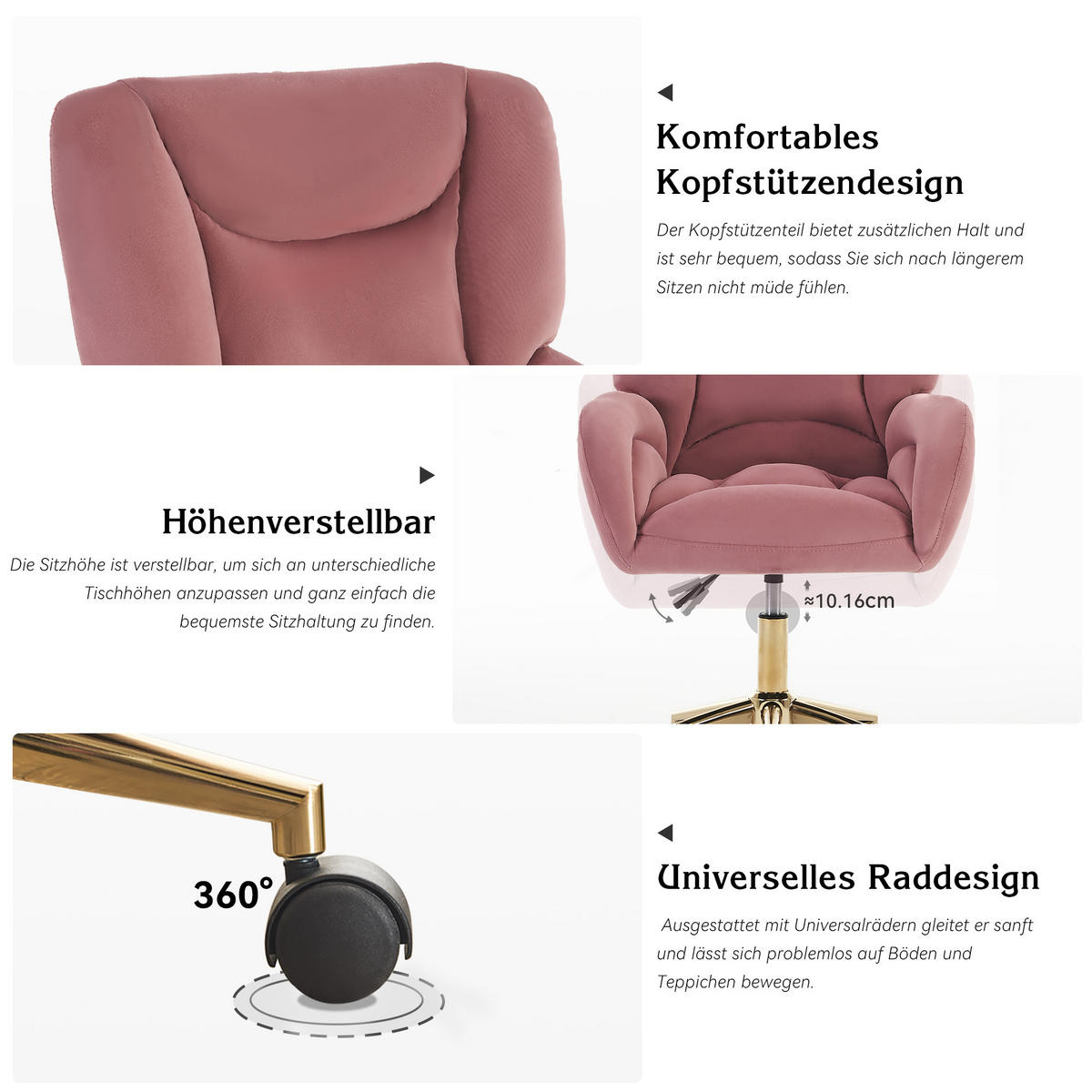 DREHSTUHL Samt höhenverstellbar und 360° drehbar 64/62/92.5 cm Rosa - Rosa, Textil (62/92.5/64cm) - Redom