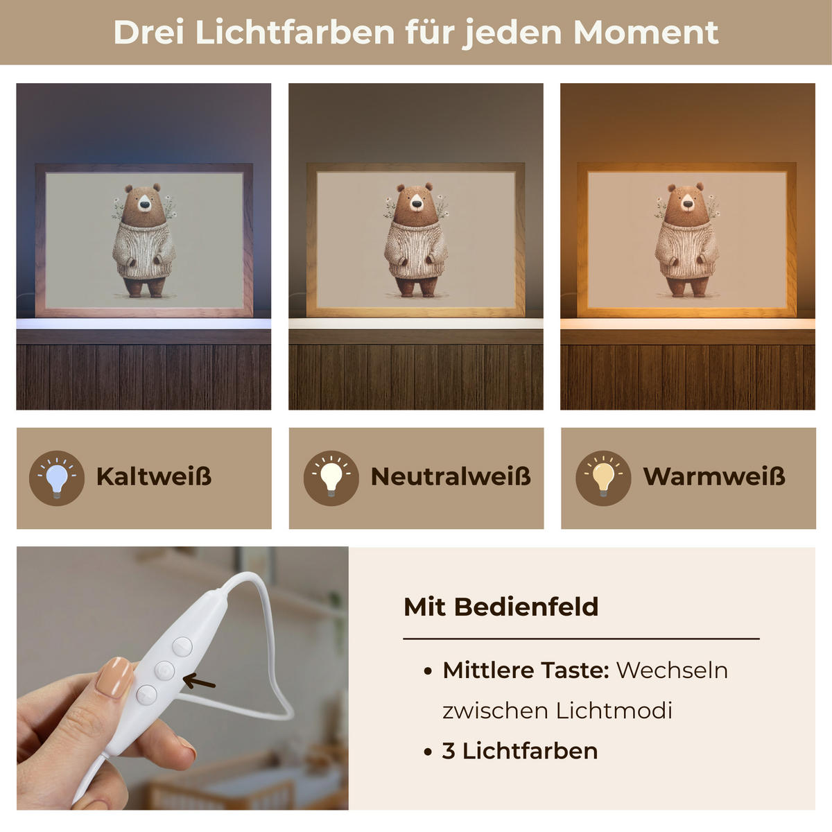NACHTTISCHLAMPE Bär - Weiße Blumen - Gemütlich 30x20 cm - Taupe, Holzwerkstoff (8/30/20cm)