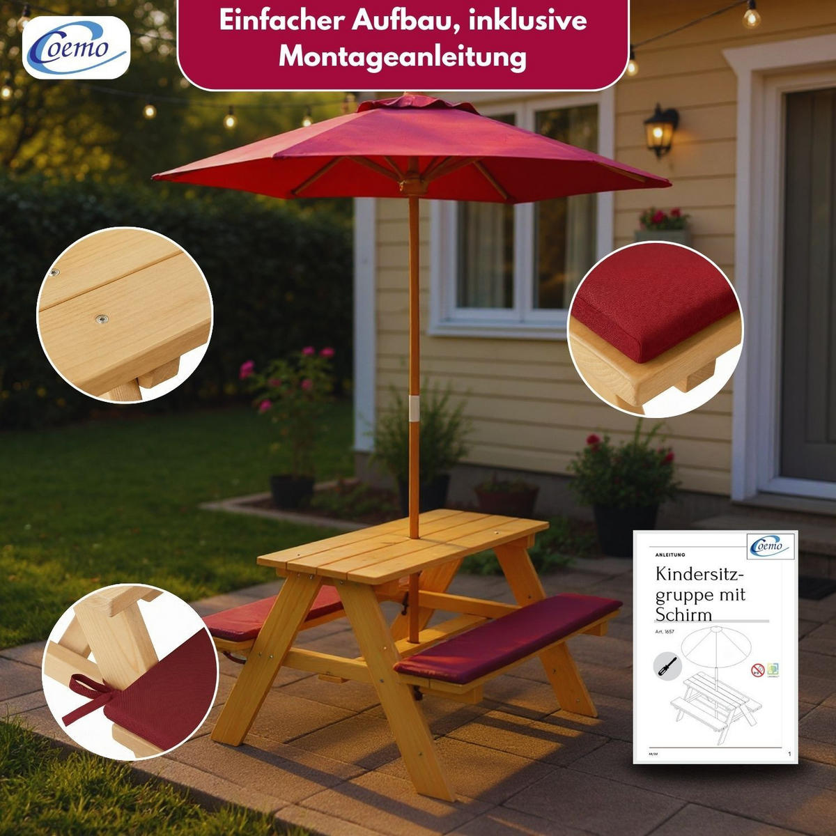 KINDERSITZGRUPPE GARTEN Holz mit Sitzauflagen + Sonnenschirm Farbe Natur 89/79/50 cm - Naturfarben, Holz (79/50/89cm) - Coemo