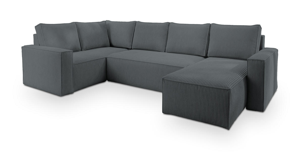 WOHNLANDSCHAFT NORENA L-S Grau Kordstoff mit Schlaffunktion - Grau, Holz (295/85/157.5cm) - MASSENO
