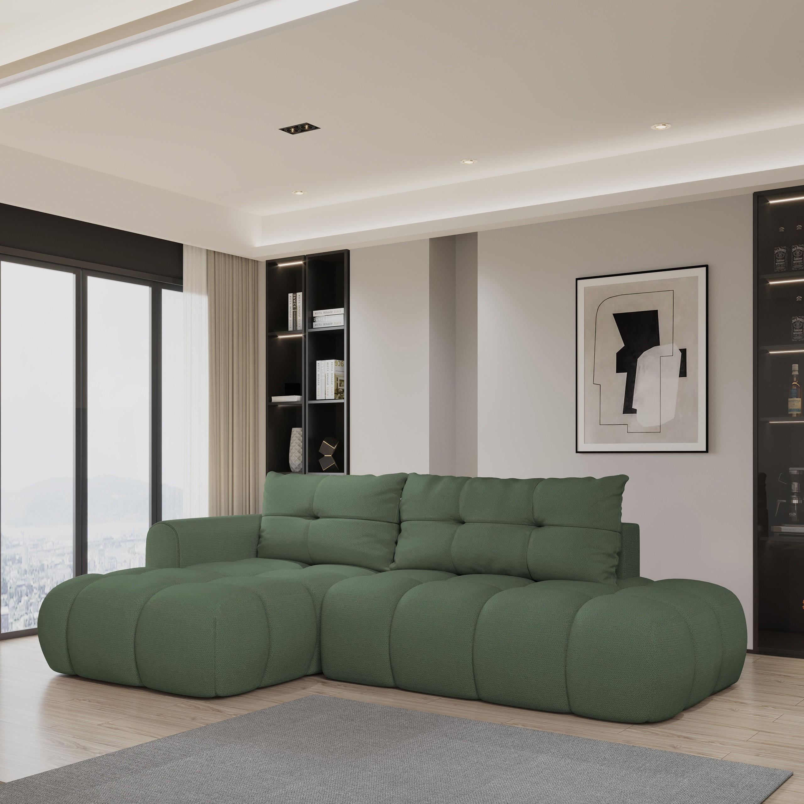 ECKSOFA FLUMA L-S Grün Geflochtener Stoff mit Schlaffunktion - Grün, Holz (274/165cm) - MASSENO