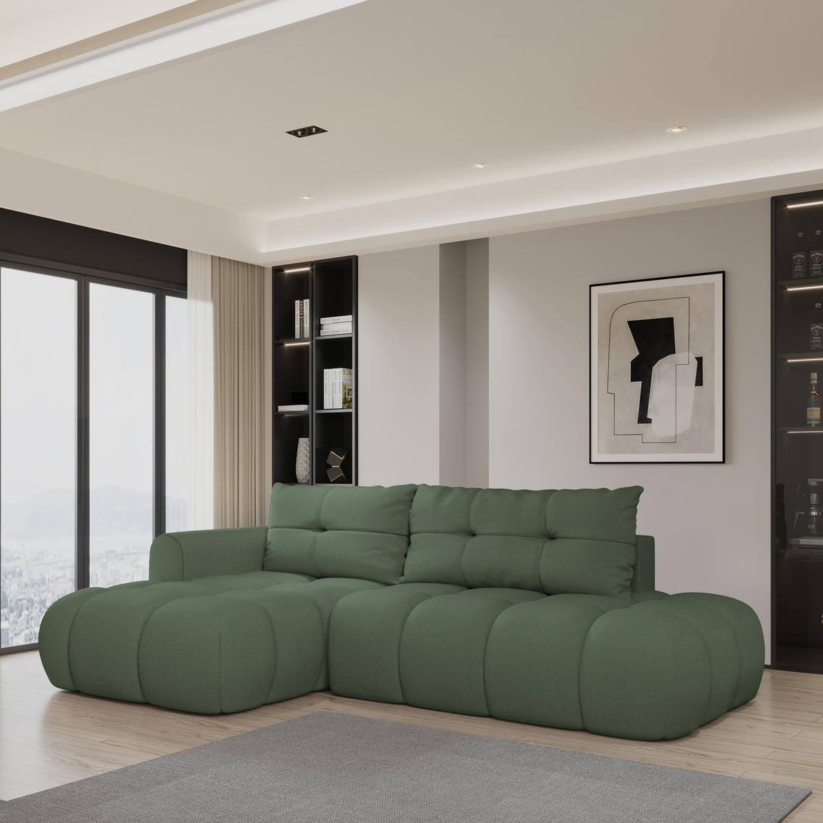 ECKSOFA FLUMA L-S Grün Geflochtener Stoff mit Schlaffunktion - Grün, Holz (274/165cm) - MASSENO