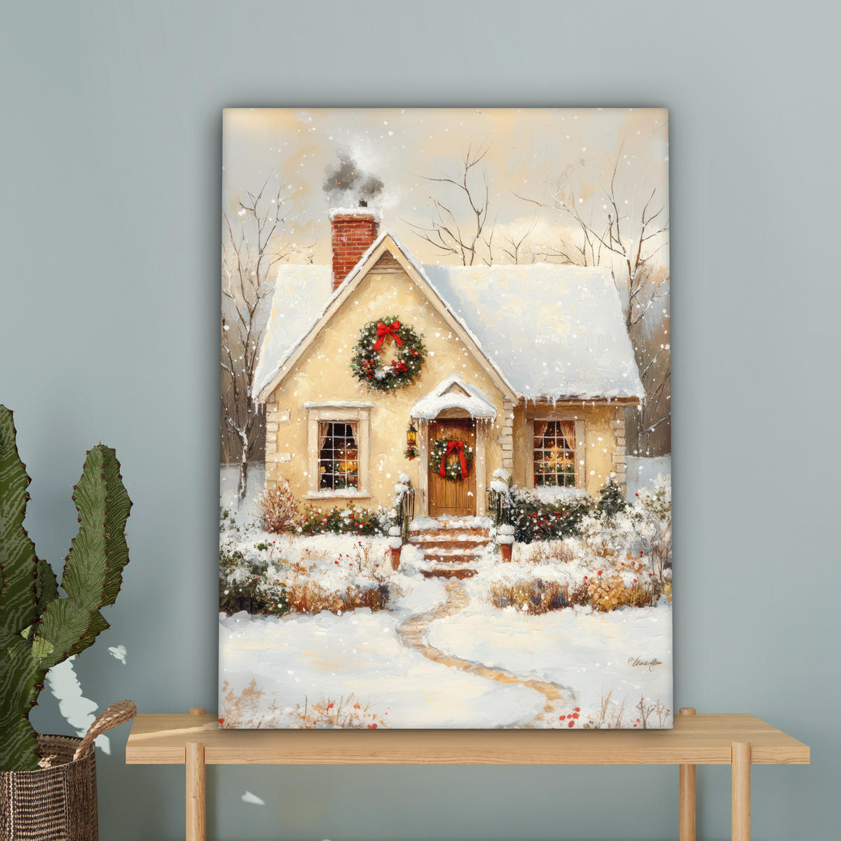 LEINWANDBILD Weihnachten - Zuhause - Winter - Schnee Wandbild Wohnzimmer 60x80 cm - Creme, Textil (60/80cm) - MuchoWow