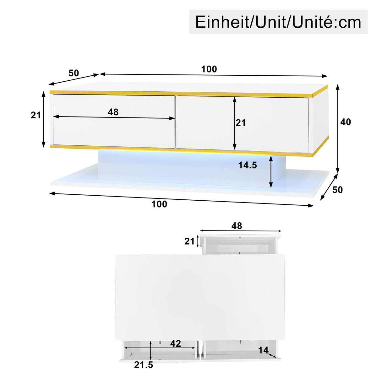 COUCHTISCH aus Spanplatte 100x50x40 cm in Weiß mit LED-Beleuchtung - Weiß, Holzwerkstoff (100/50/40cm) - Modfu