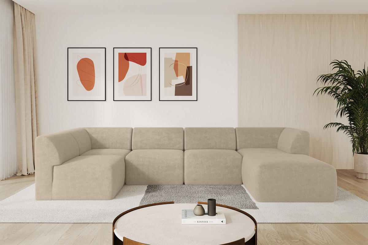 WOHNLANDSCHAFT Ottomane Rechts MOVO-L 345x180x78 cm Creme Tissu - Klar, Holzwerkstoff/Kunststoff (180/78/345cm) - ALTDECOR