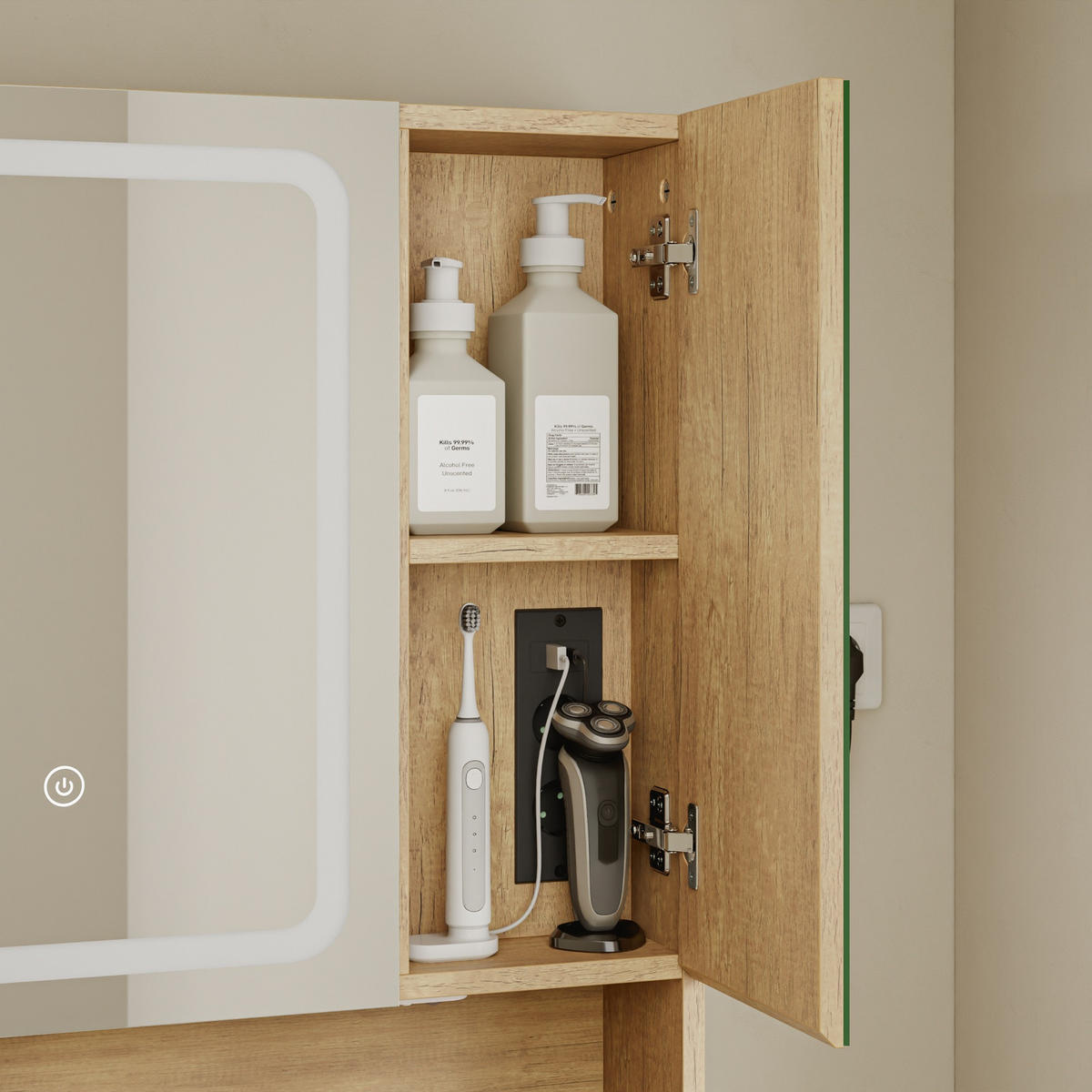SPIEGELSCHRANK mit LED-Beleuchtung und Touch-Sensor BZR238-E-N - Ahornfarben/Weiß, Kunststoff/Fell (17/70/60cm) - SoBuy