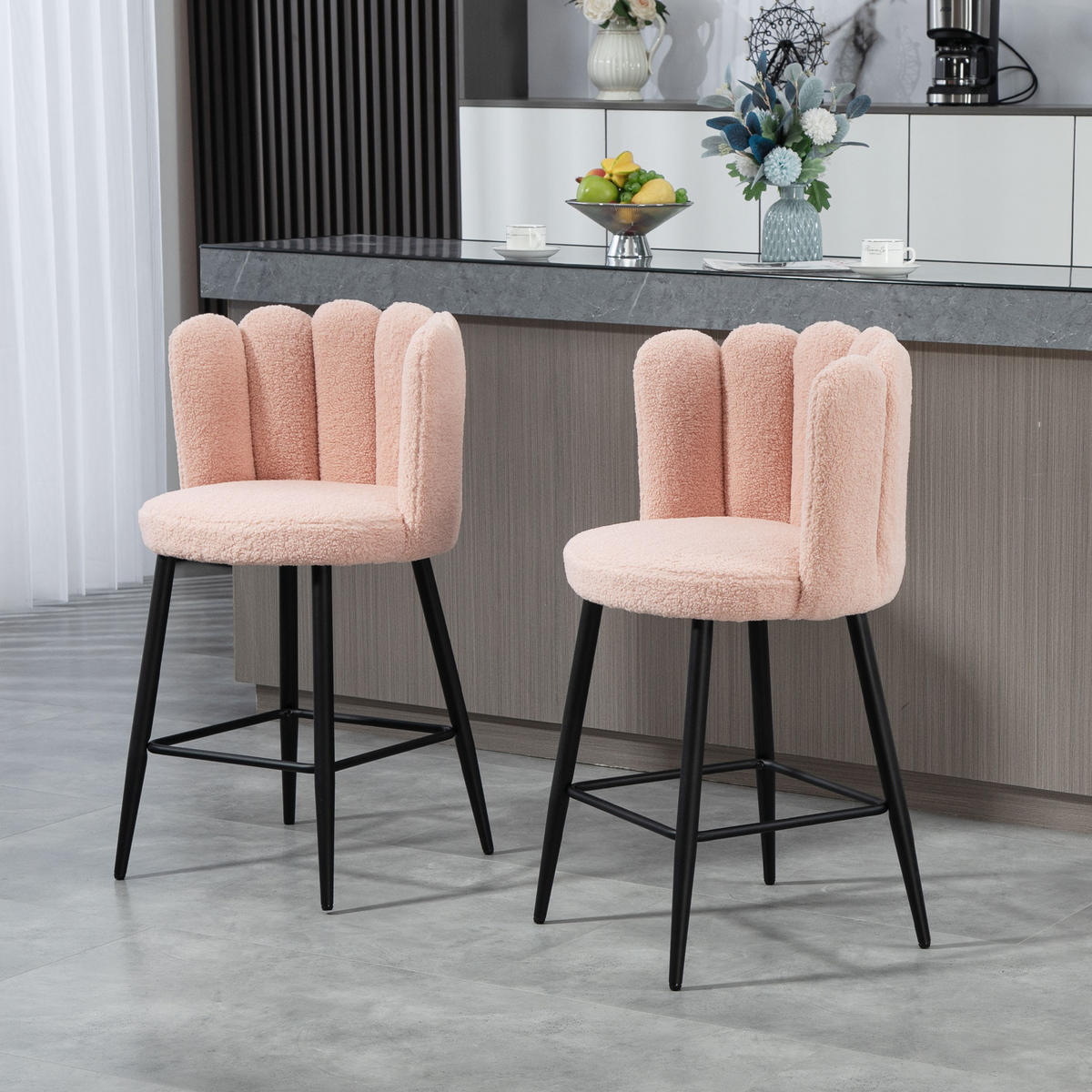 BARHOCKER 2er-Set DE-14780 gepolstert mit Boucle-Bezug & Fußstütze Rosa - Pink, Metall (52/93/53cm) - ComfortXL