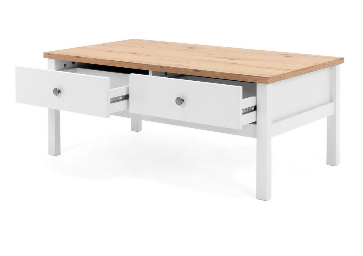 COUCHTISCH weiß, Eiche Artisan Landhaus, 110 x 55 cm, Wohnzimmertisch mit Schubladen - Silberfarben/Weiß, Holzwerkstoff/Kunststoff (55/110/40cm) - Furn.Design