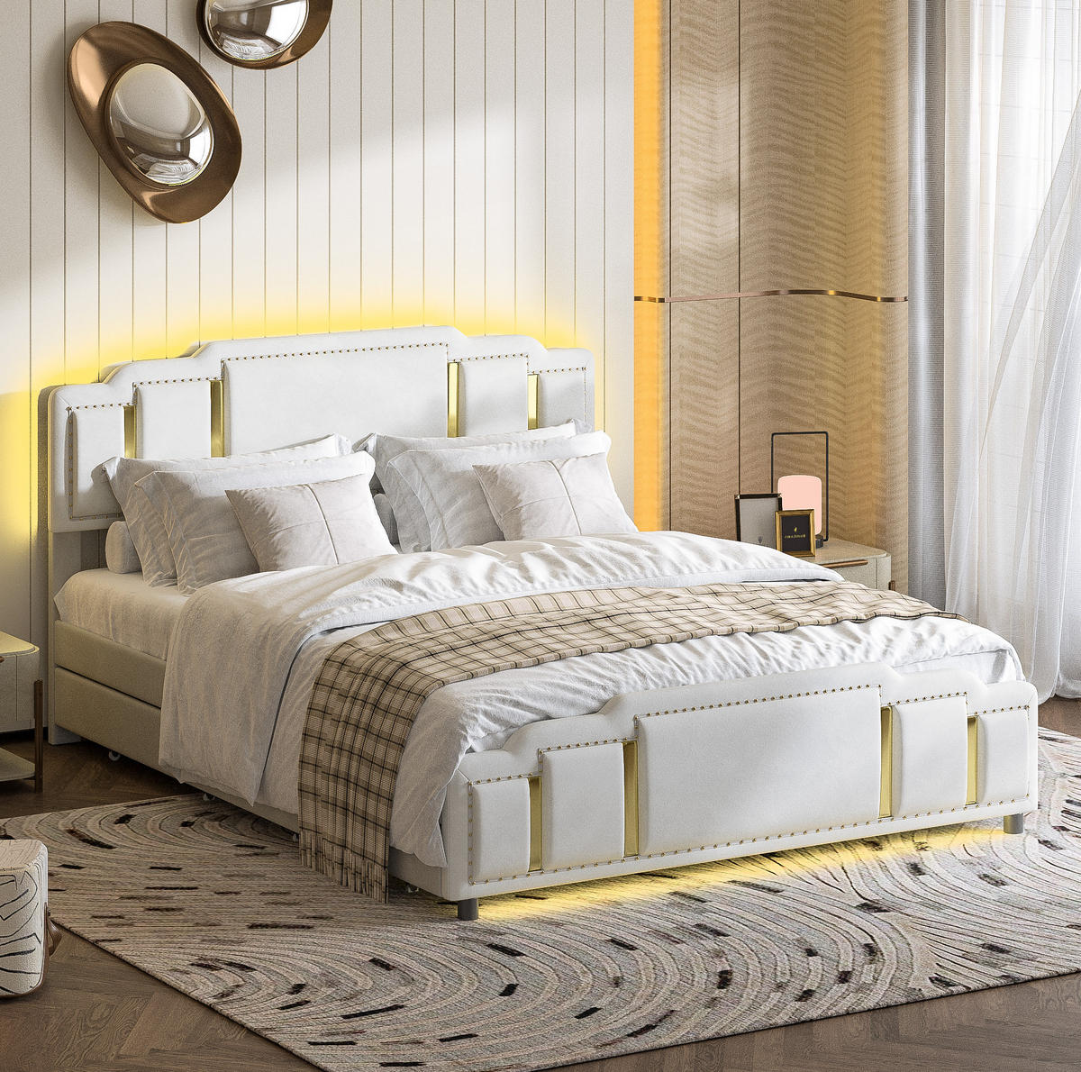 POLSTERBETT 140/200 cm Beige aus Samt mit LED - Beige, Textil (140/200cm) - OKMYHOME
