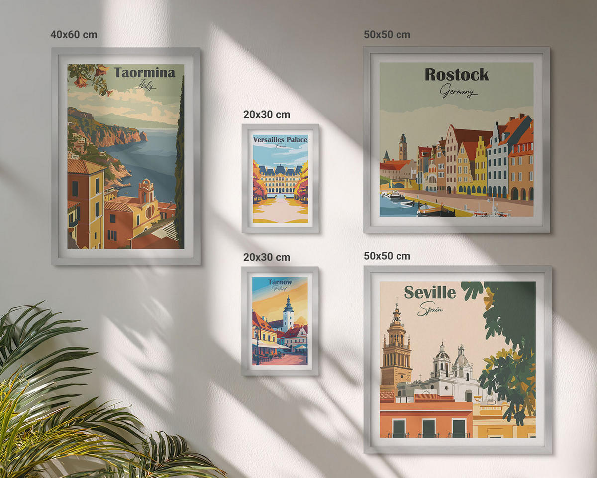 BILDER SET 5er Set - 50x50 cm & 20x30 cm & 40x60 cm Silberner Rahmen - Retro-Stadtgrafiken - Silberfarben, Kunststoff (40/60cm) - TULUP