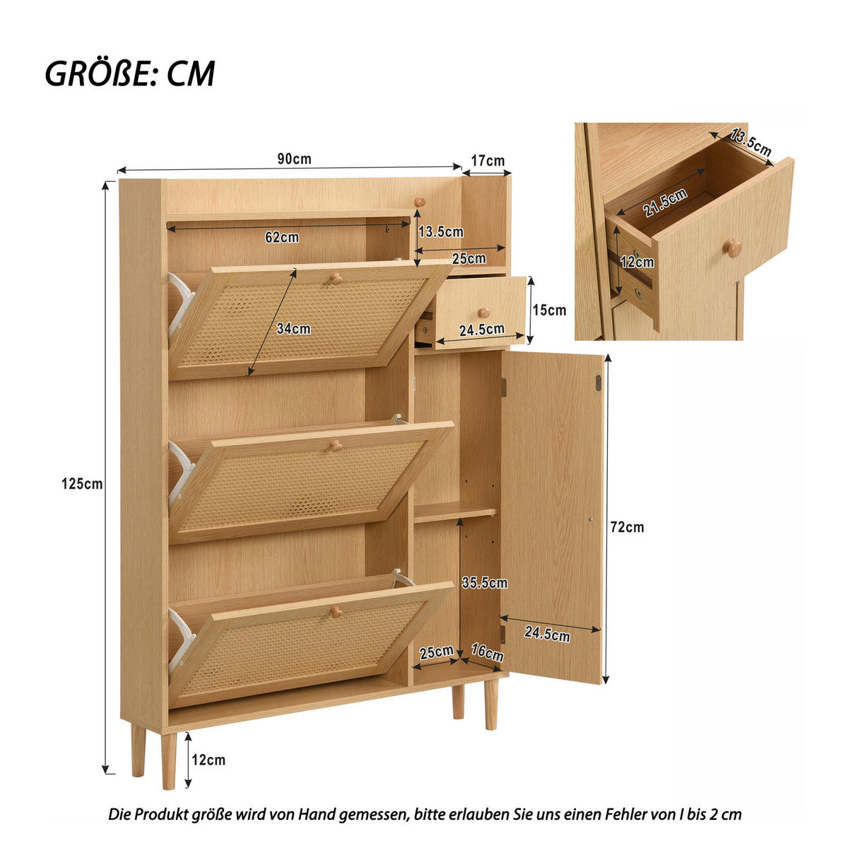 SCHUHSCHRANK 90/125/17 cm in Natur mit 3 Klappen und 1 Schublade - Naturfarben, Holzwerkstoff (90/125/17cm) - Flora Grace