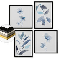 WANDBILDER 4er-Set - 50x50 cm & 40x60 cm Schwarzer Rahmen - Aquarell von blauen Blättern - Schwarz, Kunststoff (50/50cm) - ArtPrintCave