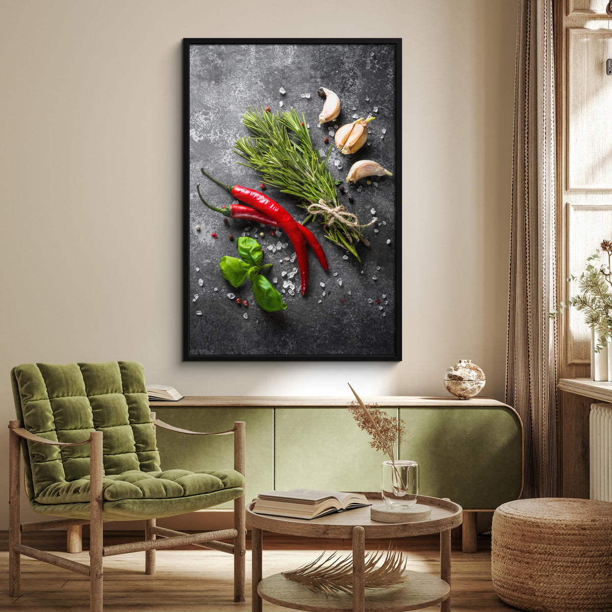 GERAHMTES BILD Pfeffer - Kräuter - Gewürze - Beton 80x120 cm - Dunkelgrau, Papier (80/120cm) - MuchoWow