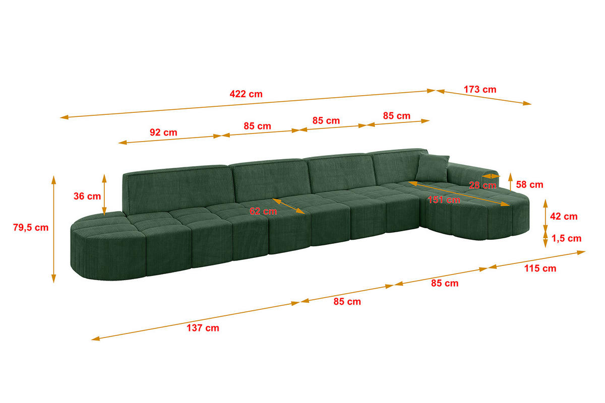ECKSOFA Ottomane Rechts LIVO-L3 - 422x173x79,5 cm Grün - Grün, Holzwerkstoff/Textil (422/173cm) - ALTDECOR