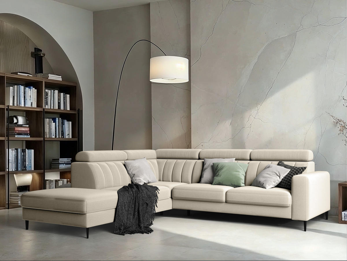 ECKSOFA Wohl rechts – Beige, mit Schlaffunktion, Bettkasten und verstellbaren Kopfstützen - Beige, Textil (278/263cm)