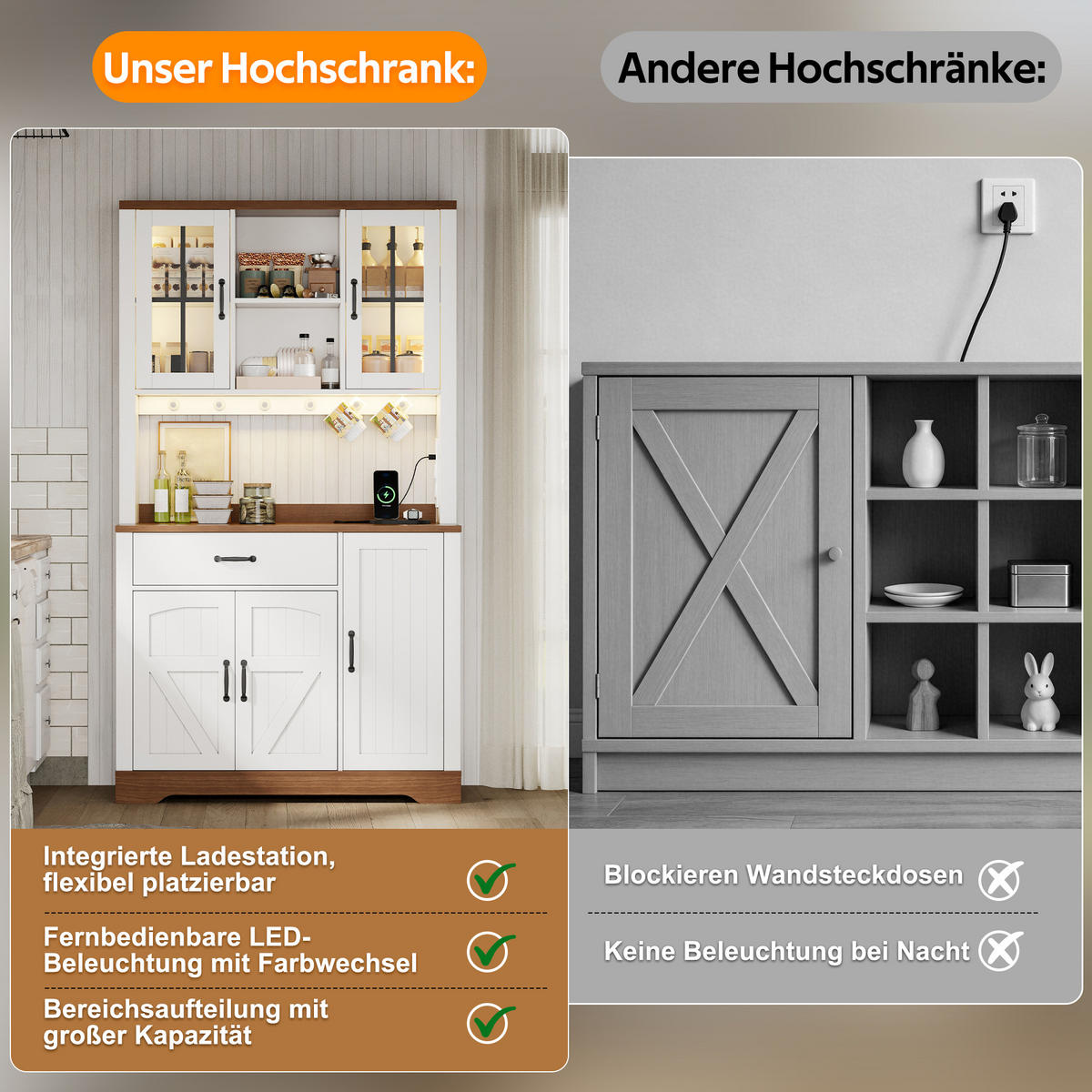 BUFFET 105/40/185 cm Weiß mit 1 Schubladen, farbwechselnder LED-Beleuchtung und Steckdosen - Weiß, Holz (105/185/40cm) - Oxeza