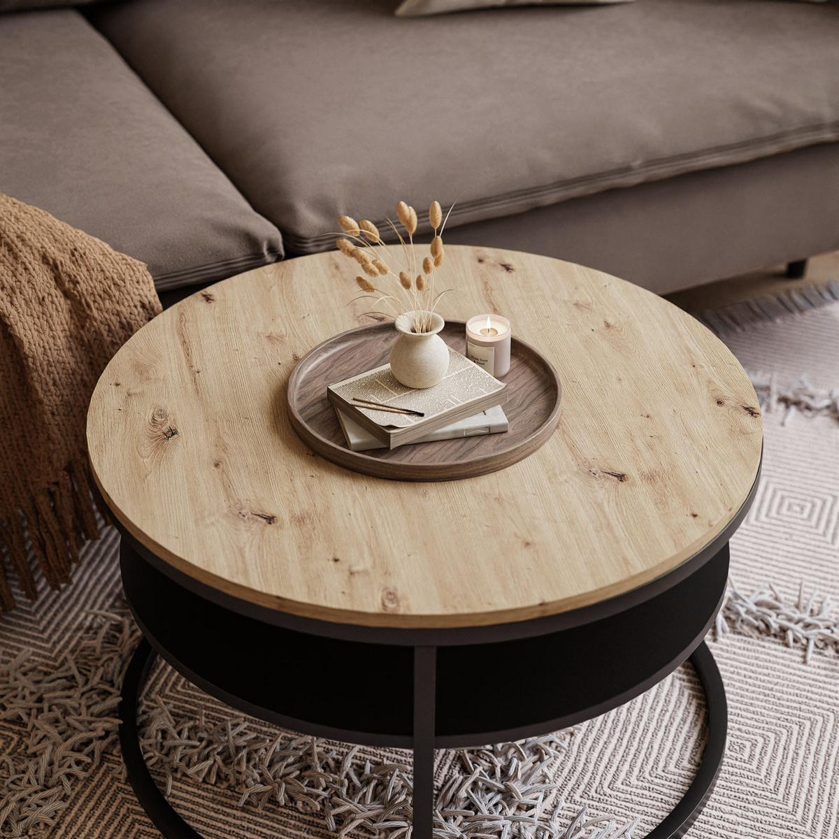 COUCHTISCH CIRI SLIM mit Regal Eichenholz Artisan - Schwarz, Holzwerkstoff (60/60/42cm) - Lookway