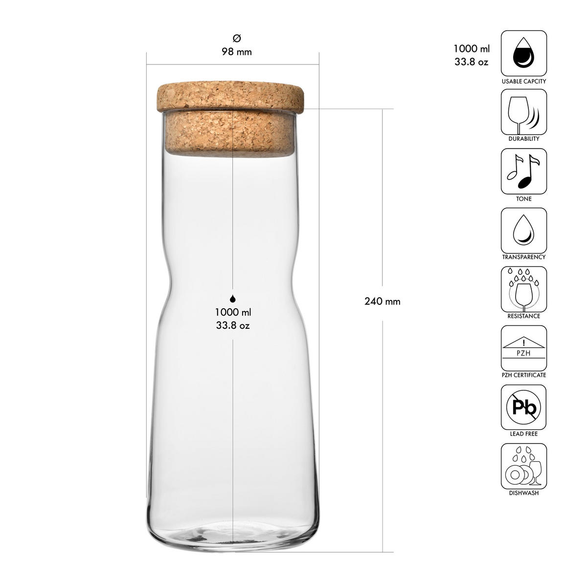 KARAFFE MIT KORK DECKEL, 1 Stk., 1000 ml - Transparent, Glas (1L) - Krosno Glass