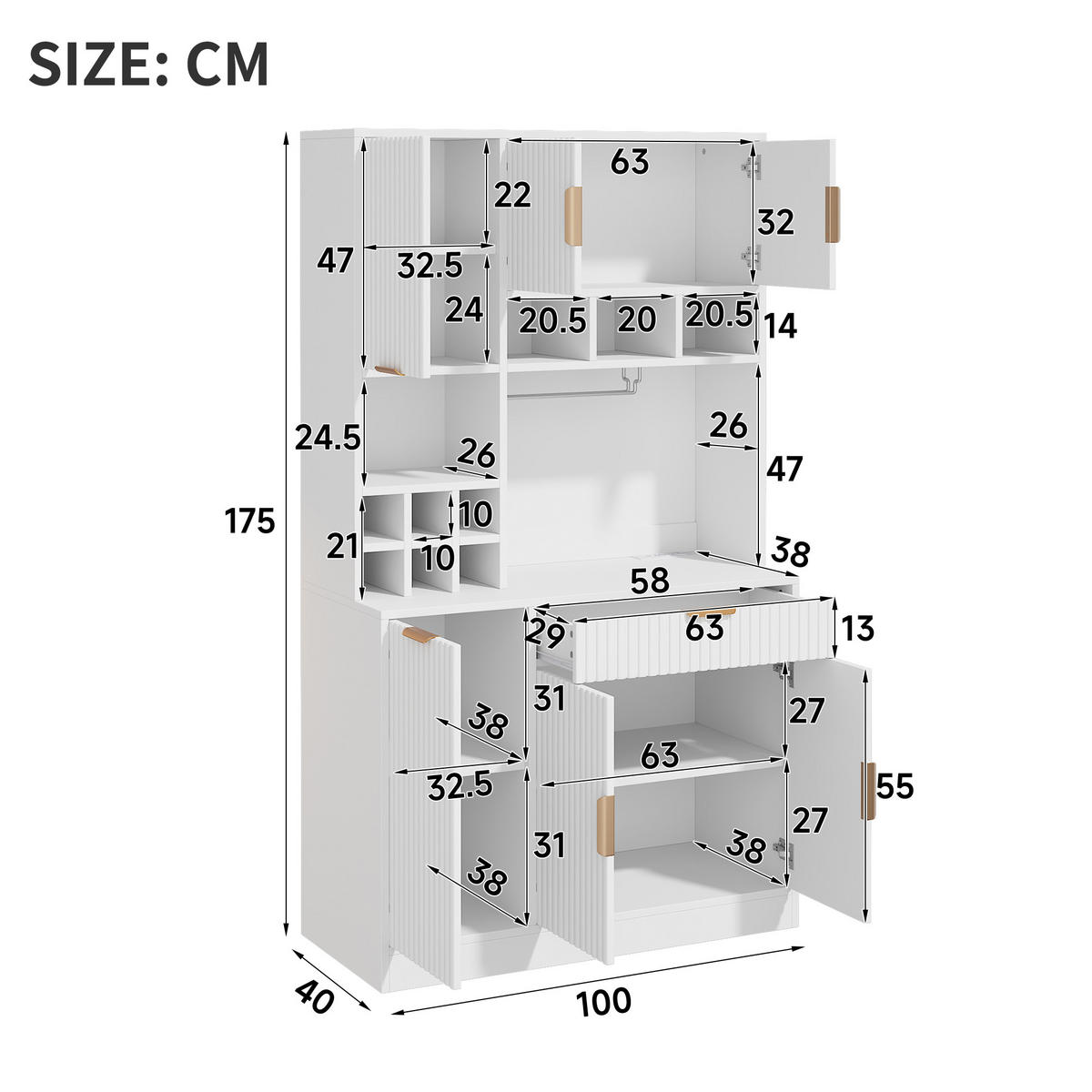 BUFFETSCHRANK Hochschrank Steckdose USB Weinablage Weiß - Weiß, Holzwerkstoff (100/175/40cm) - FLIEKS