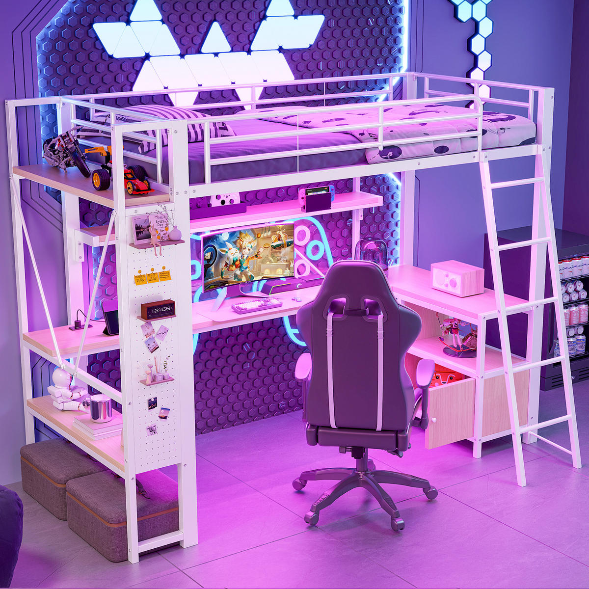 HOCHBETT 90/200 cm aus Metall/MDF mit Schreibtisch, LED-Lichtleiste und Stauraum Weiß - Weiß, Metall (90/200cm) - Modenvie