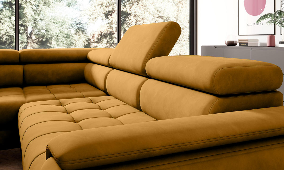 ECKSOFA CHIVAS Freistehend , Schlaffunktion, 278×197×76/98 cm, Stoff - Element, Gold, Rechts Seite - Goldfarben/Schwarz, Holz/Textil (197/278cm) - DomoHome