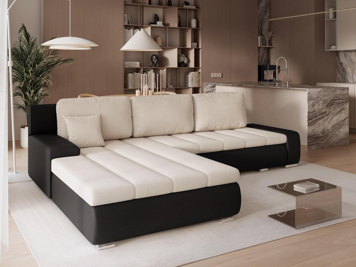 ECKSOFA VELANO mit Schlaffunktion und Bettkasten Schwarz/Beige - Beige, Holzwerkstoff/Kunststoff (250/160cm) - Idohome