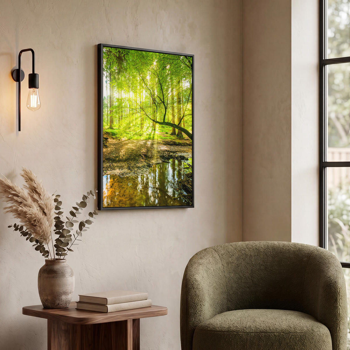 LEINWAND Bilder mit Rahmen - Wald - Landschaft - Wasser - Bäume - Sonne - Grün - Natur - 50x70 - Grün, Textil (50/70cm) - MuchoWow