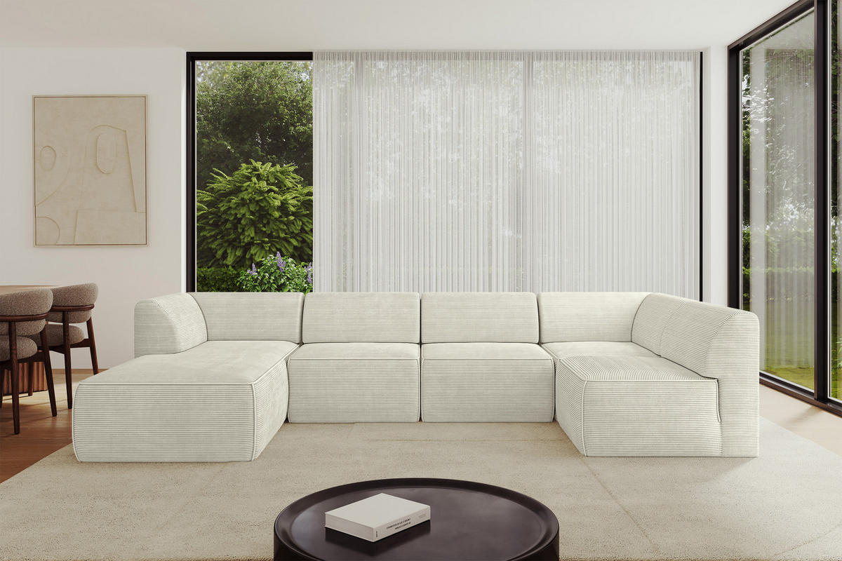 WOHNLANDSCHAFT Ottomane Links MOVO-L 345x180x78 cm Cream Cord - Creme, Holzwerkstoff/Kunststoff (345/78/180cm) - ALTDECOR