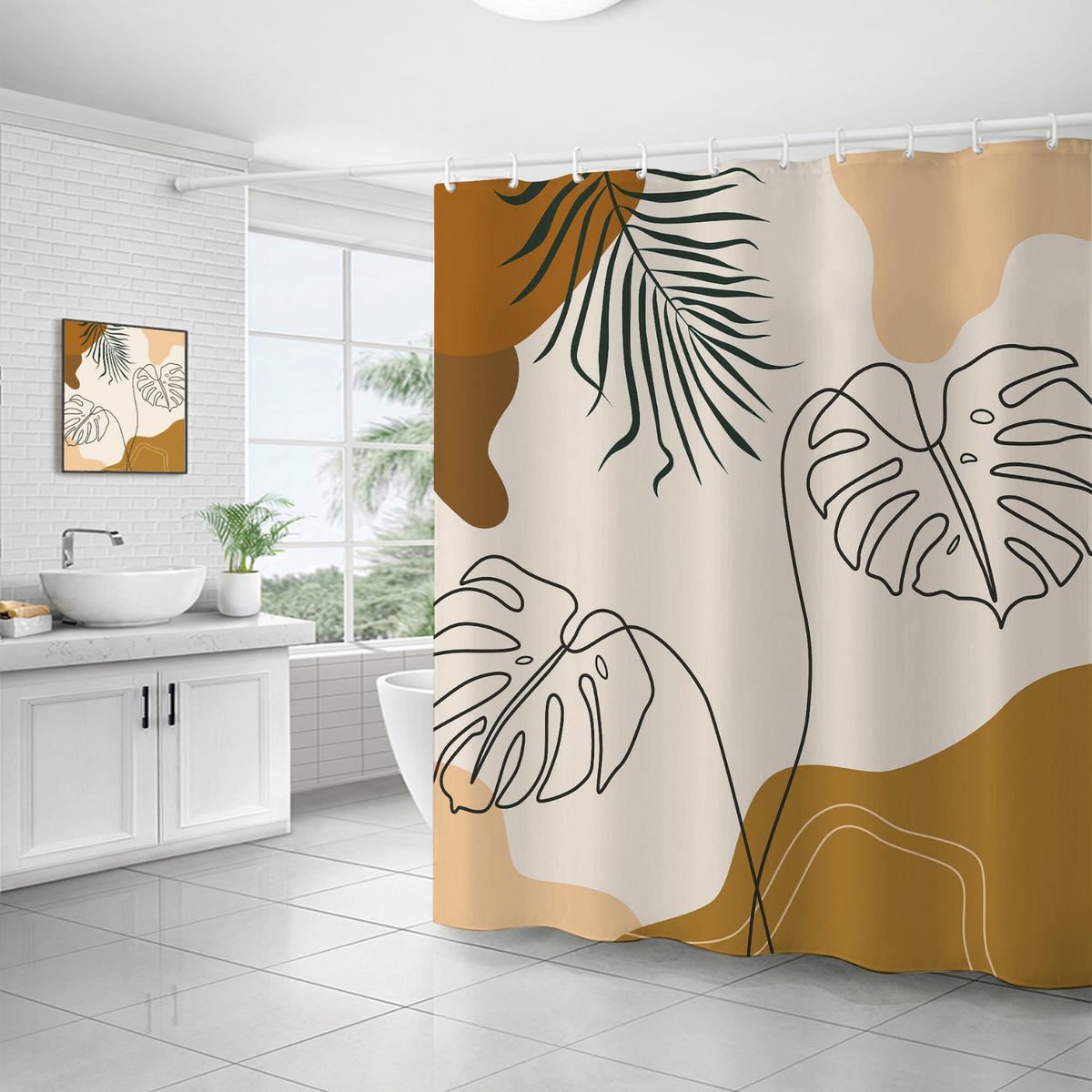 DUSCHVORHANG Boho abstrakt Blätter Mitte Polyester mit Haken - Braun, Textil (180/180cm) - MCBOSON