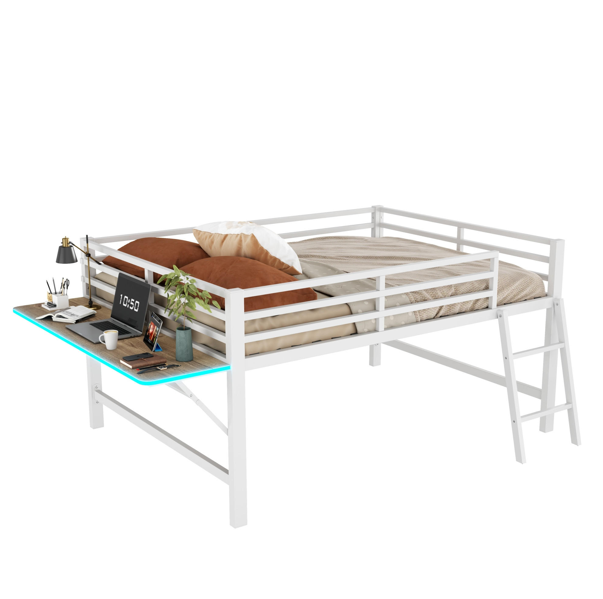 HOCHBETT mit Schreibtisch 140/200 cm in Weiß – Metallbett mit Leiter und LED - Weiß, Metall (140/200cm) - BEAOK