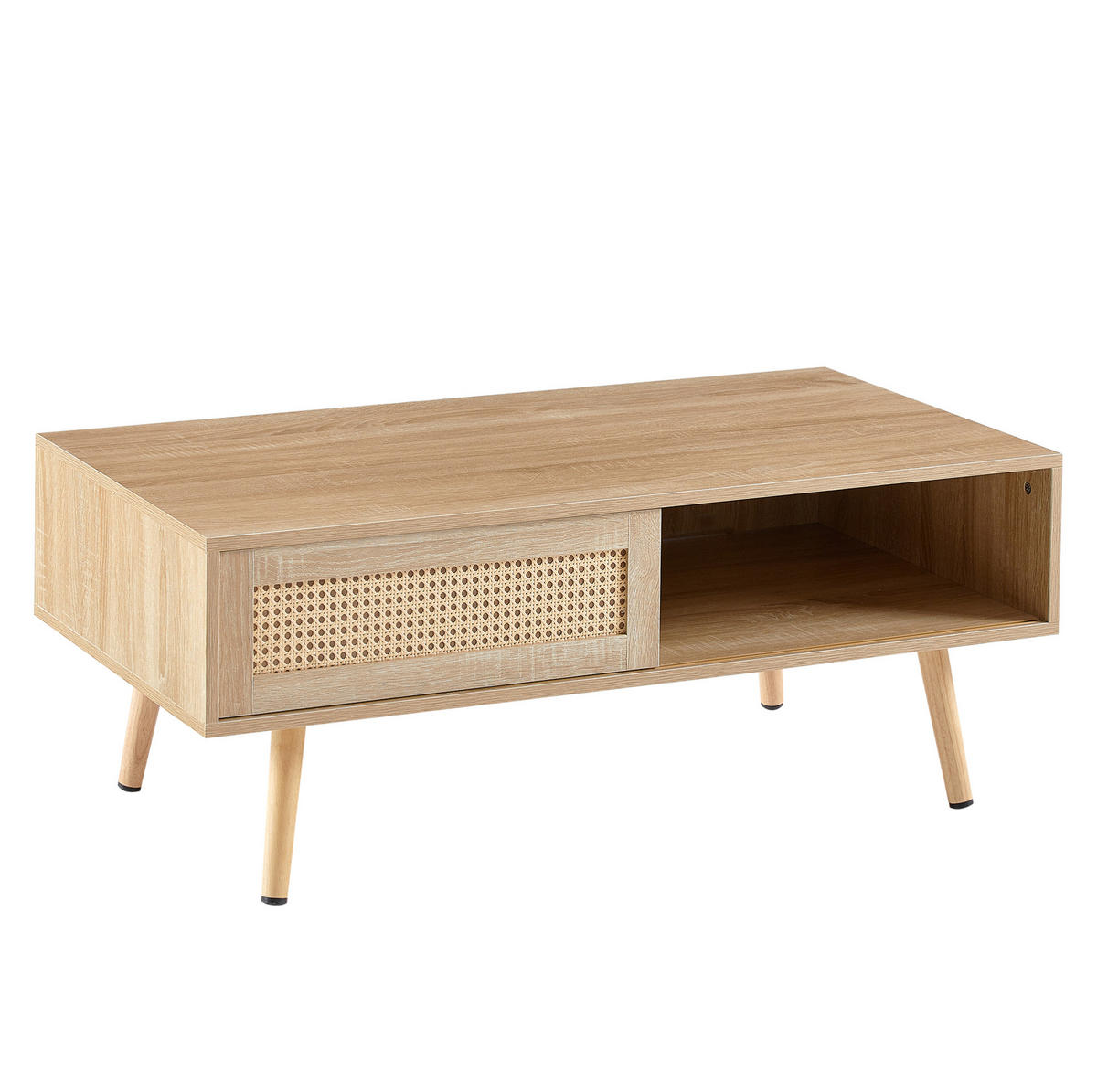KONFERENČNÍ stolek 105/55/40 cm přírodní z MDF s ratanovými posuvnými dvířky - hnědá, kompozitní dřevo (105/55/40cm) - OKWISH