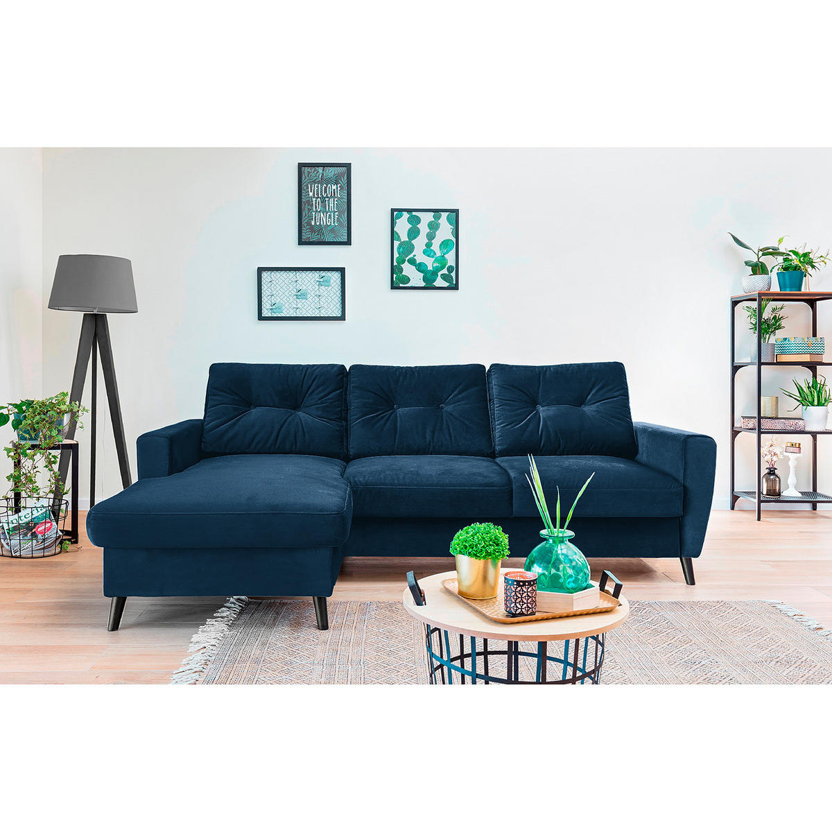 ECKSOFA mit Longchair - Schwarz/Dunkelblau, Buchenholz/Textil (233/148cm) - home24