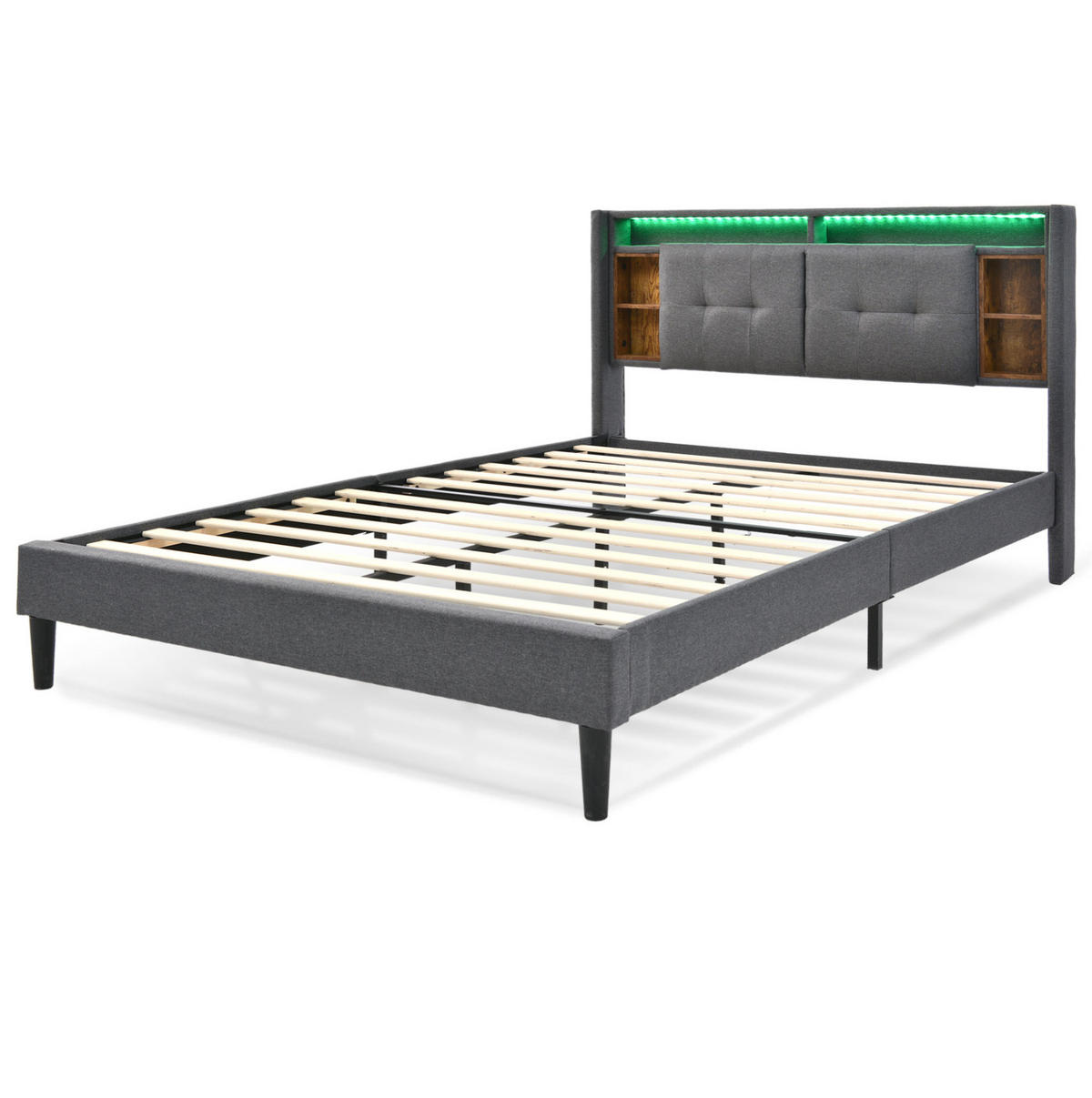 ČALÚNENÁ posteľ z masívneho dreva 215x169x107 cm sivá s LED osvetlením, USB a úložným čelom - sivá, drevo (160/200cm) - Modfu