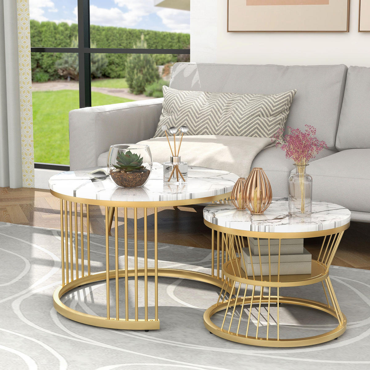 COUCHTISCH 2er Set rund, Wohnzimmer tisch mit Marmoroptik, platzsparend stapelbar - Goldfarben, Metall (70/70/45cm) - PARAFTA HOME