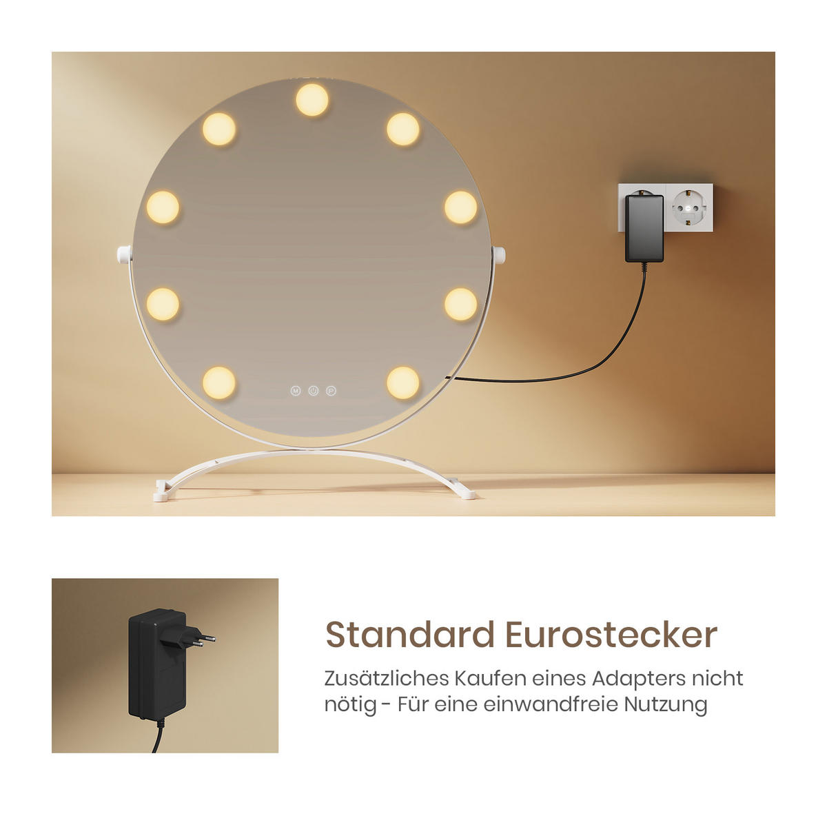 KOSMETIKSPIEGEL Rund mit Beleuchtung, Weiß, Ø40 cm - Weiß, Glas (40/16/40cm) - EMKE