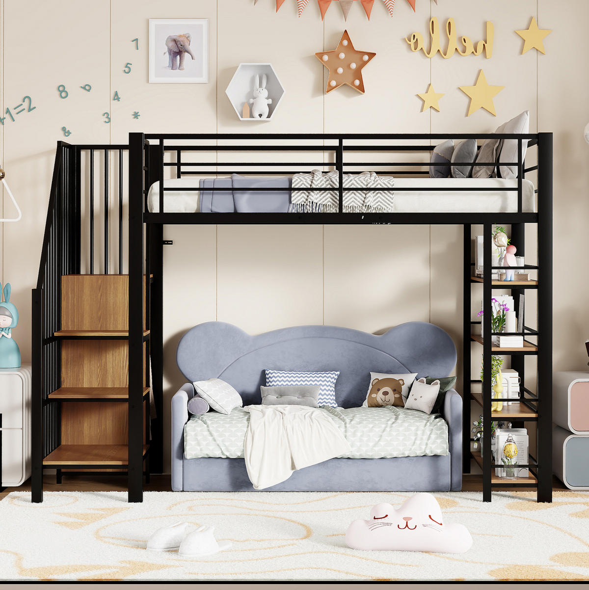 HOCHBETT 90/200 cm in Schwarz – mit Stauraum, Kleiderschrank und hohem Rausfallschutz - Schwarz, Metall (90/200cm) - BEAOK