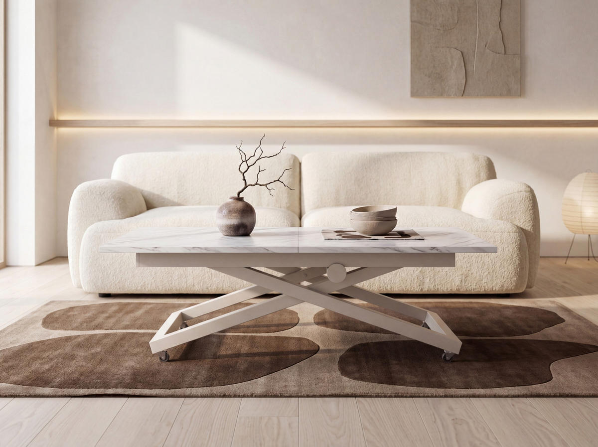 COUCHTISCH Axen höhenverstellbar ausziehbar, Marmor Weiß 120-160/80/38-75 cm - Kaschmir/Ecru, Holzwerkstoff/Metall (80/160/75cm) - WFL GROUP