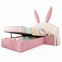 KINDERBETT 90/200 mit hydraulischem Stauraum, Nachttisch und Hasenohren-Design in Beige & Rosa - Beige/Rosa, Holzwerkstoff/Textil (90/190cm) - EVRYAE