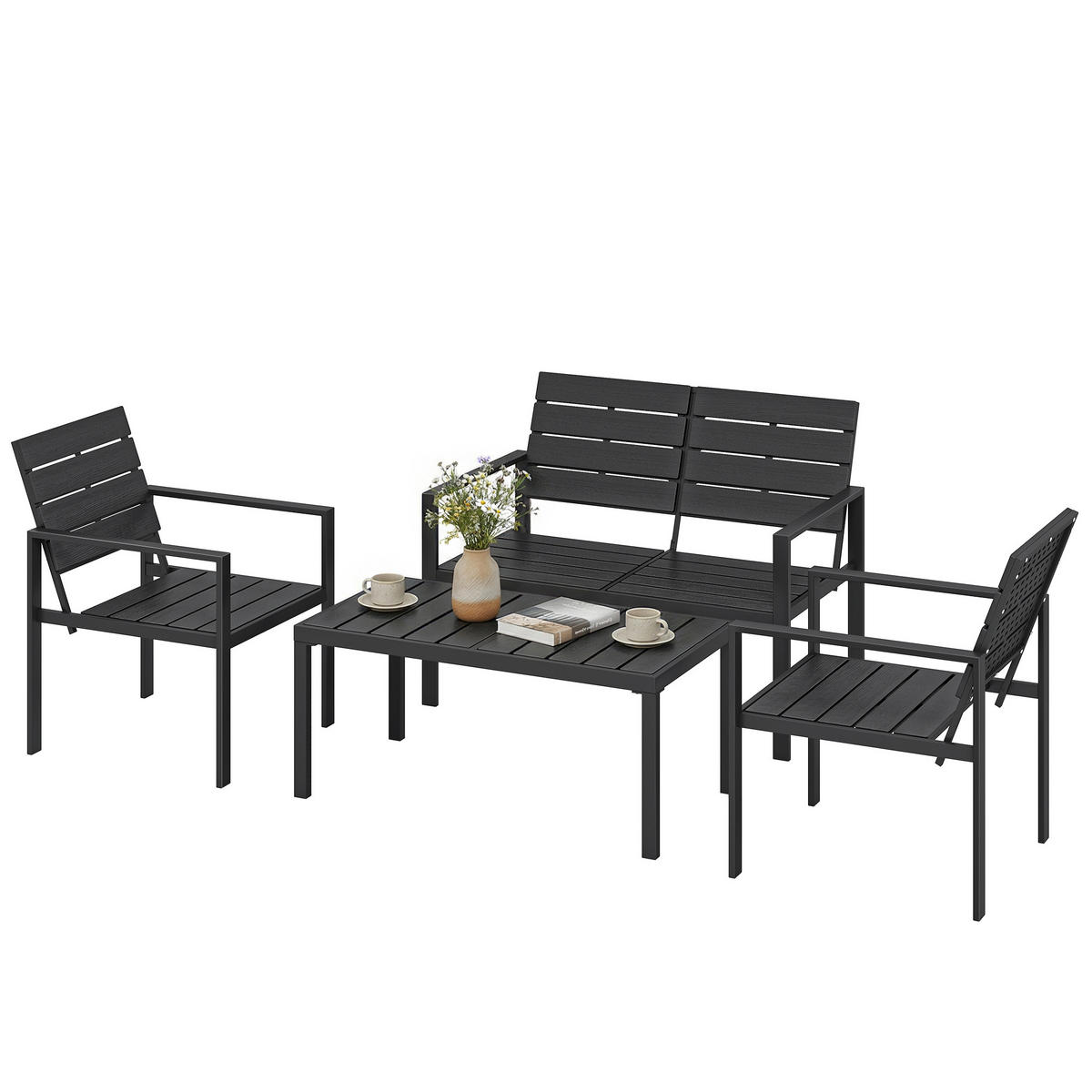 GARTENMÖBEL SET DE-06592, 2er Sofa, 2 Sessel, Beistelltisch, Lamellendesign Schwarz - Schwarz, Metall - ComfortXL
