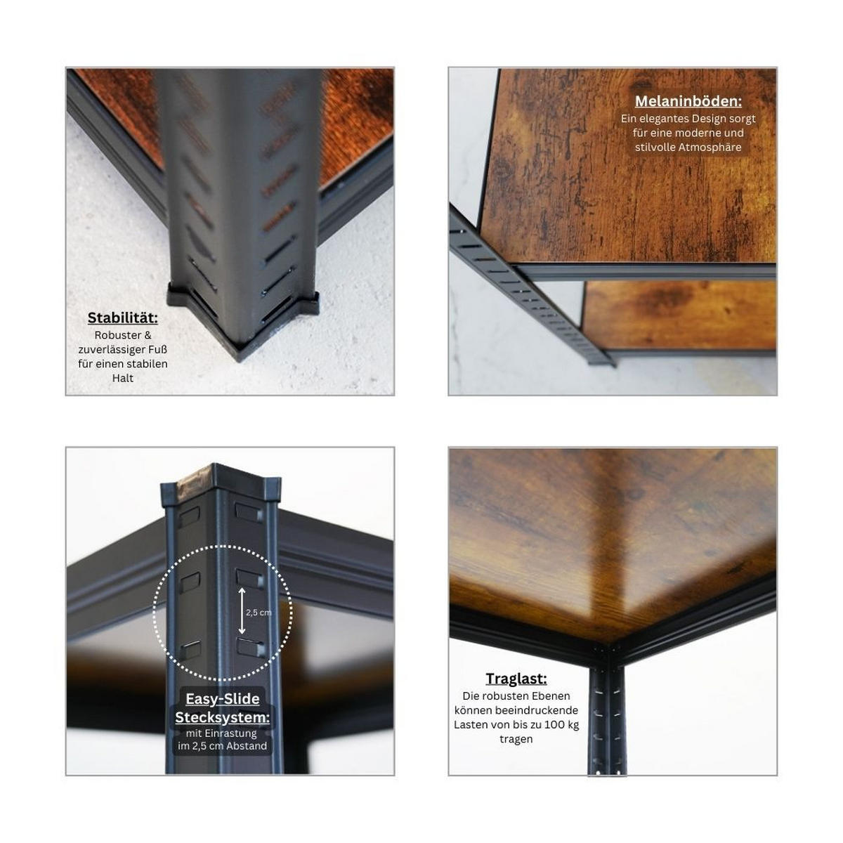 SCHWERLASTREGAL 4er Vintage Series Ragnar Set HxBxT 150x45x45cm Fachlast 100kg Vintagebraun-Schwarz - Schwarz, Metall (180/150/45cm) - PROREGAL
