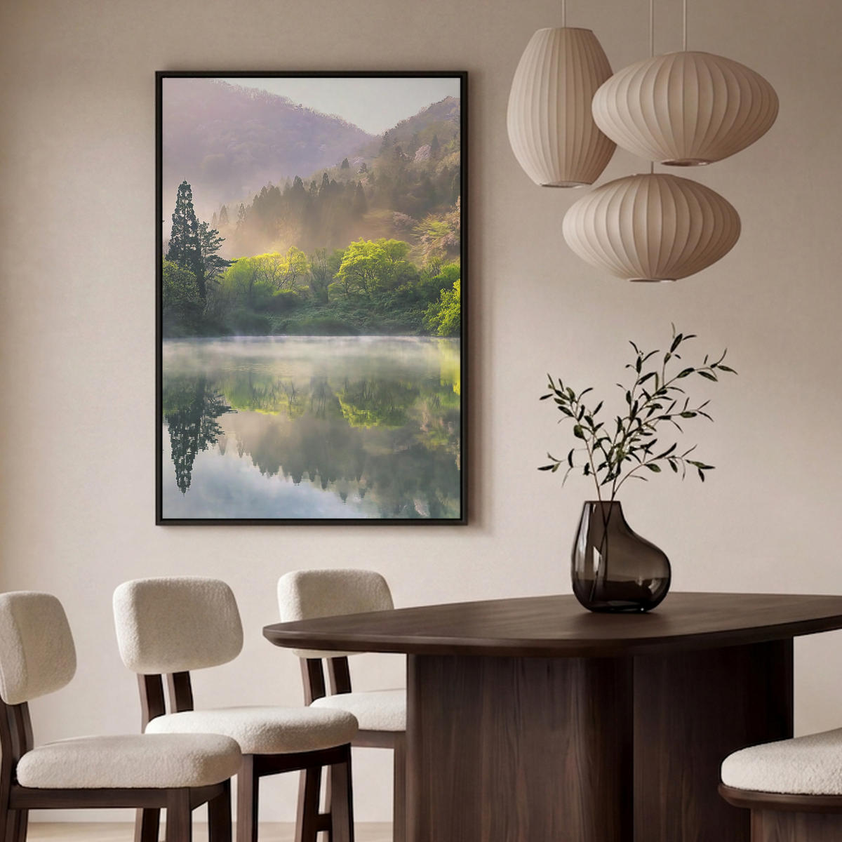 LEINWAND Bilder mit Rahmen - Natur - Bäume - Berge - See - Wasser - 100x150 - Hellgrün, Textil (100/150cm) - MuchoWow
