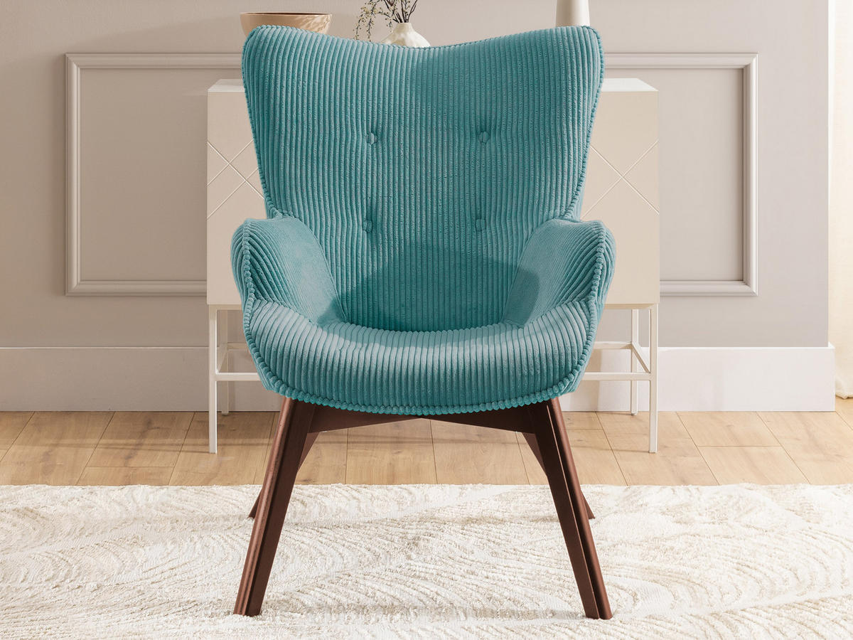 LOUNGESESSEL mit Fußhocker Lenari Türkis Cordstoff mit Füßen in Braun - Türkis/Braun, Holz/Textil (71/96/86cm) - S-Style Möbel