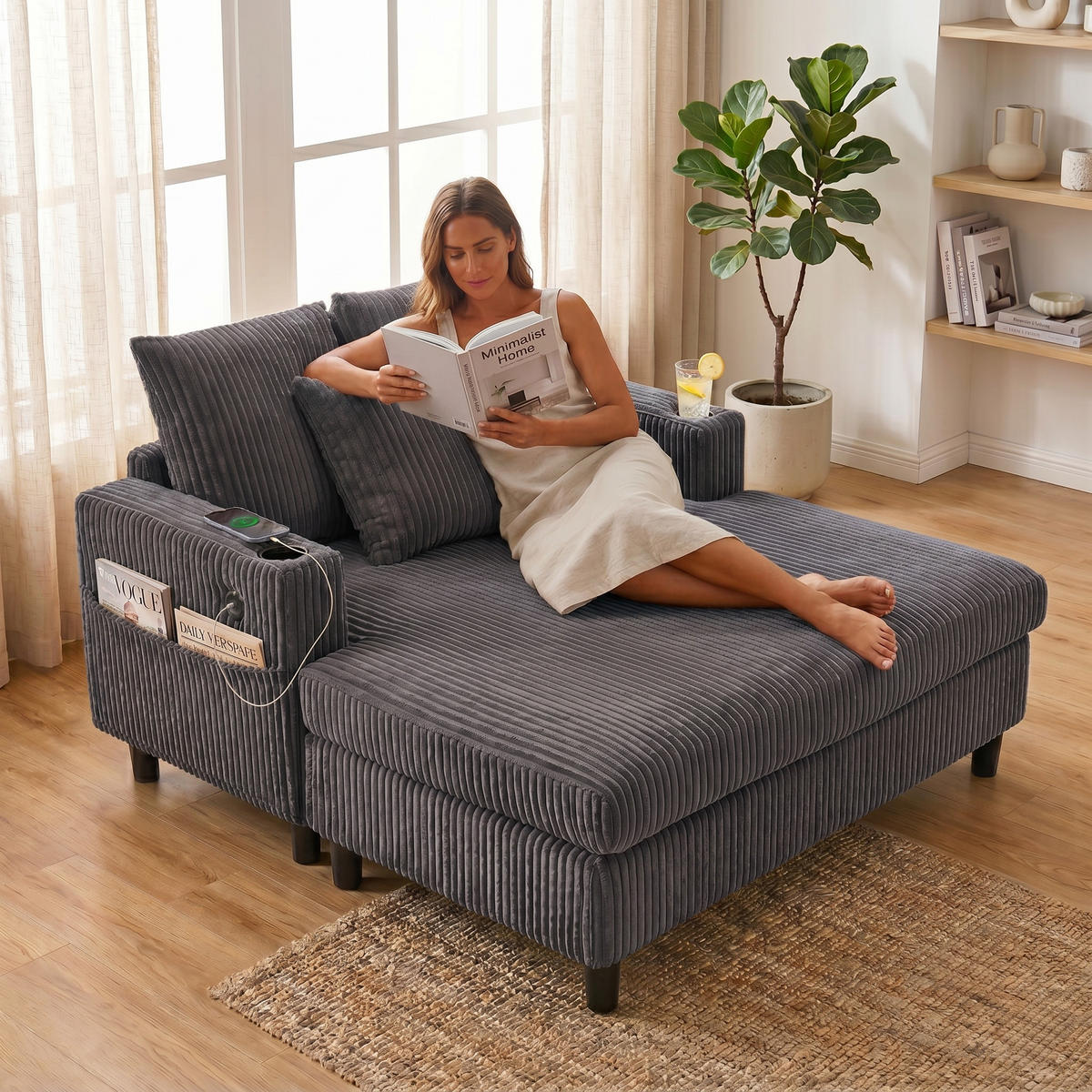 RELAXLIEGE XXL Polsterliege,Relaxsessel,3 Zierkissen,Cord,Grau - Grau, Textil (128/85/142cm) - LVHOM