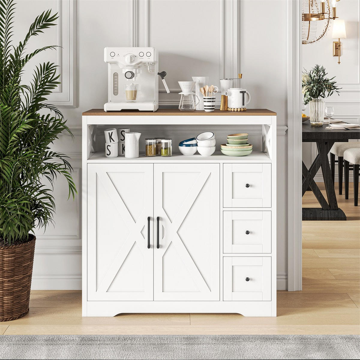 SIDEBOARD mit 3 Schubladen und 2 Türen - moderne skandinavische Optik und schwarze Griffe - Weiß und Natur - Weiß, Holzwerkstoff (100/105/40cm) - DELFA